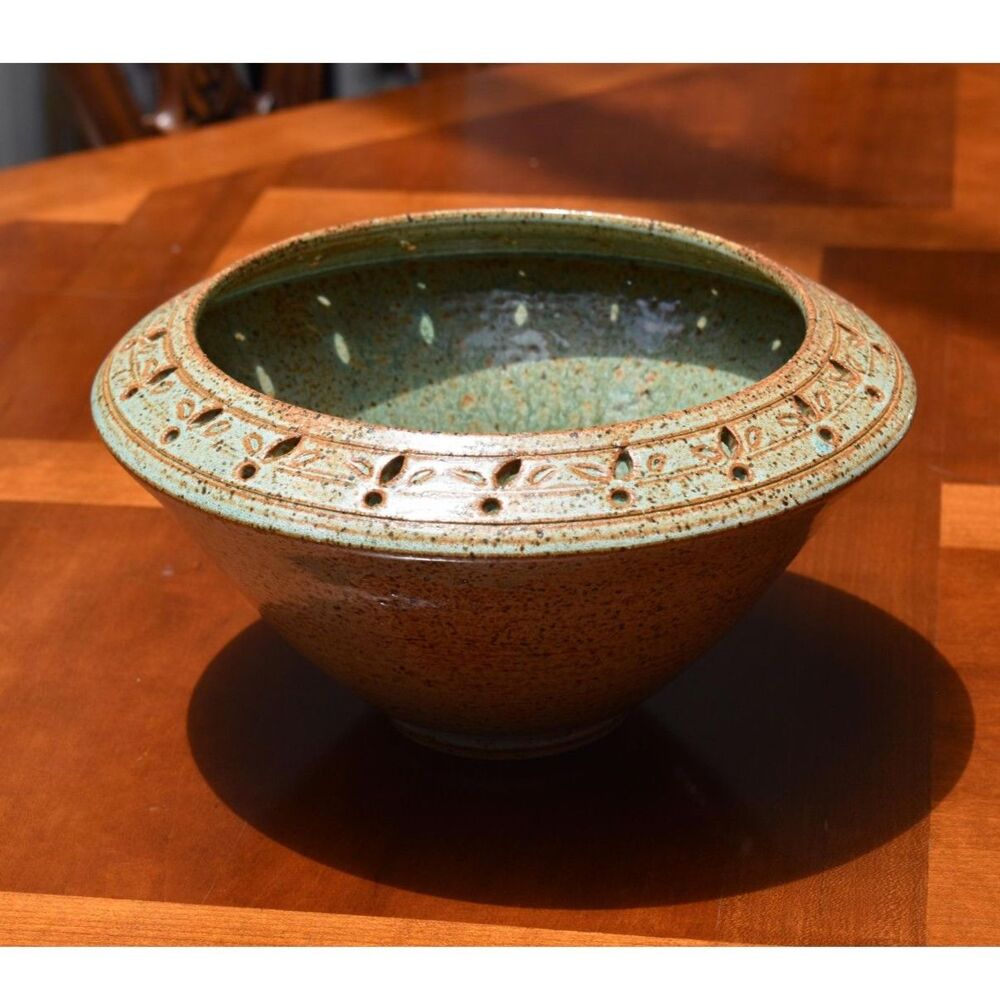 Vintage Studio Pottery Bowl Pierced Carved Rim Sage Brown Glaze Signed Powell